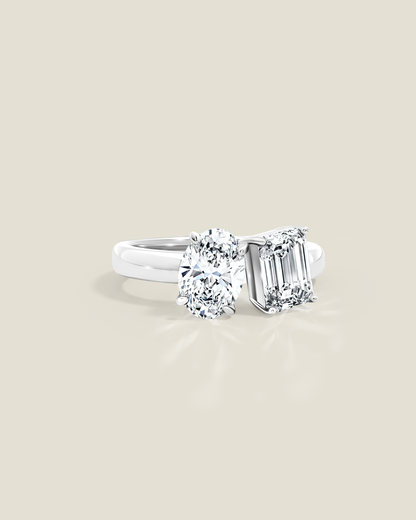 18K White Gold 2.06 ctw Emerald & Oval Toi et Moi Ring