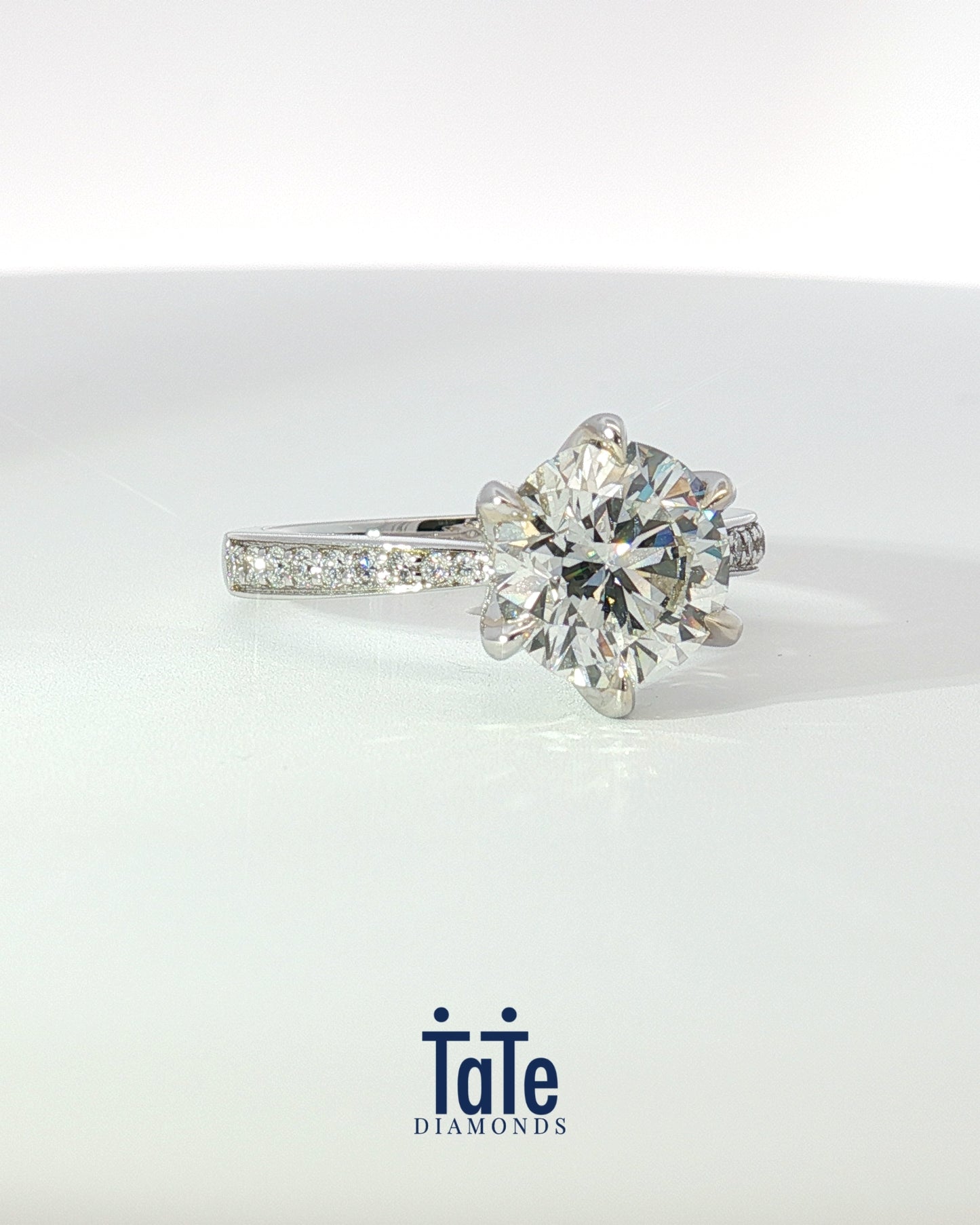 18K White Gold 2.45 ctw G/VS2 Round Tapered Pave Solitaire Ring