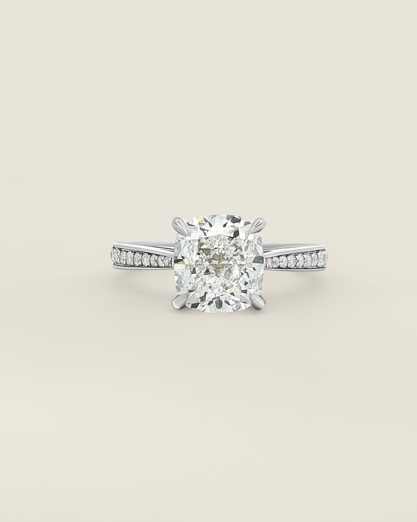 18K White Gold 3.19 ctw F/VS1 Cushion Tapered Pave Solitaire