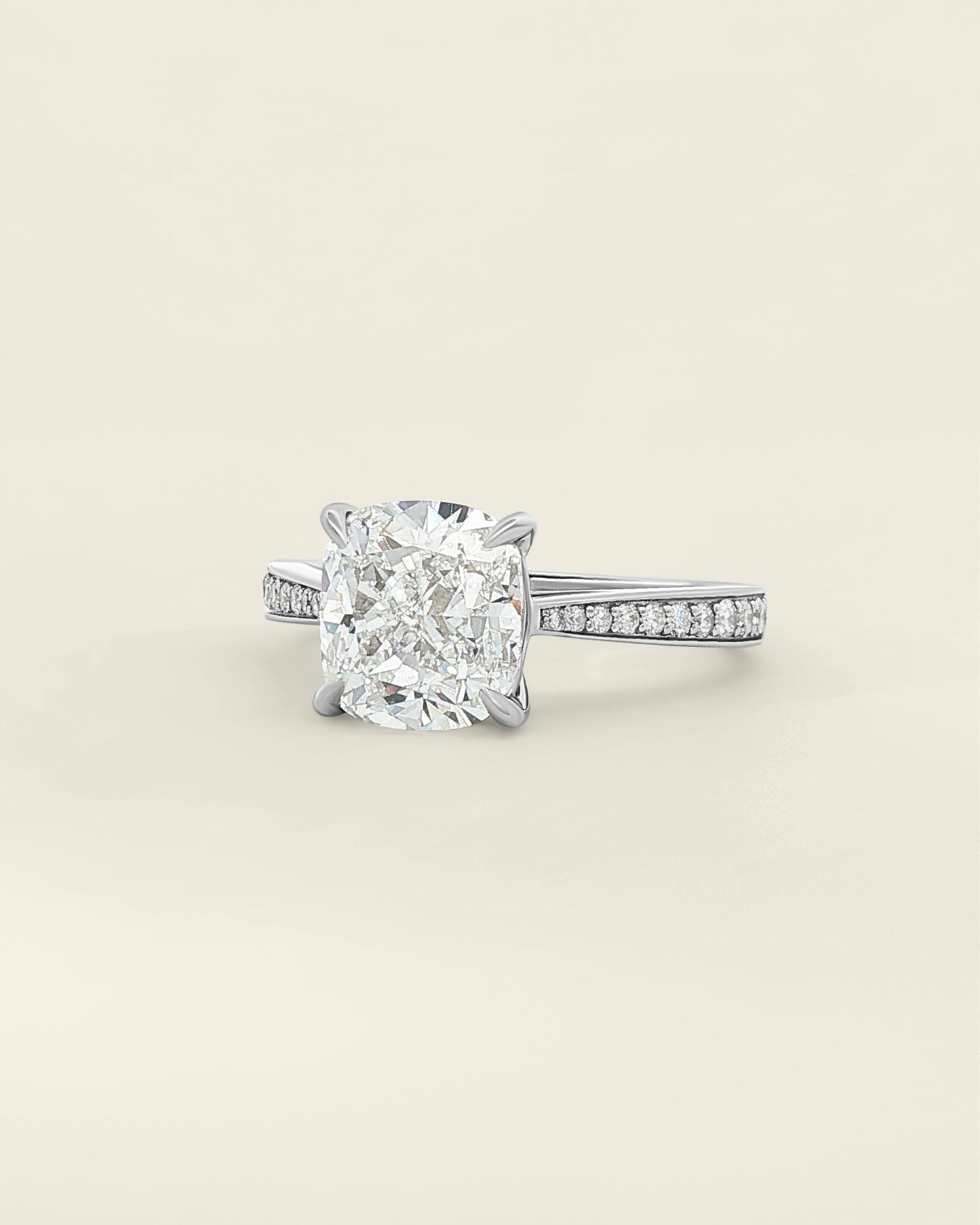 18K White Gold 3.19 ctw F/VS1 Cushion Tapered Pave Solitaire