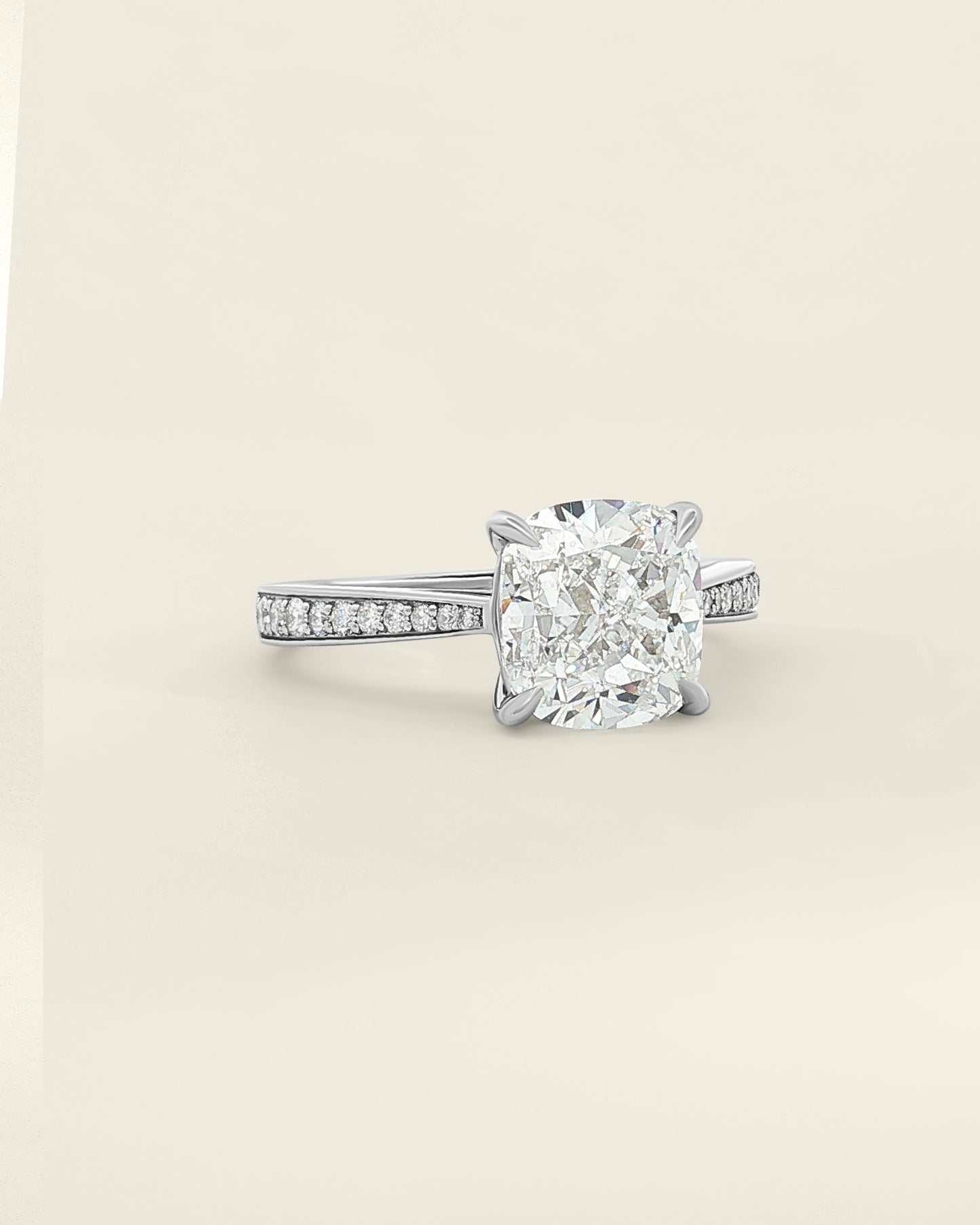 18K White Gold 3.19 ctw F/VS1 Cushion Tapered Pave Solitaire
