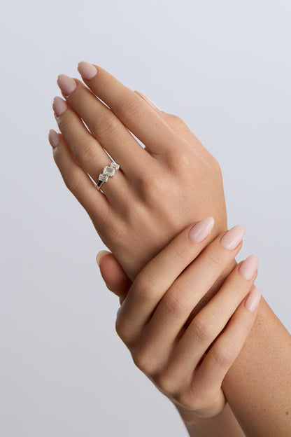 18K White Gold 2.03 ct Three Stone Emerald Cut Diamond Ring